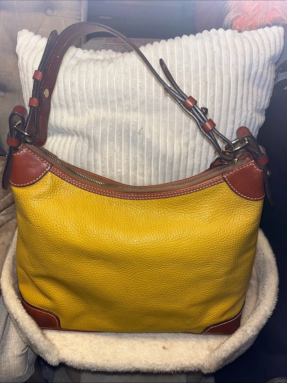 Dooney & Bourke Mustard Pebbled Leather Messenger Bag with Brown Trim